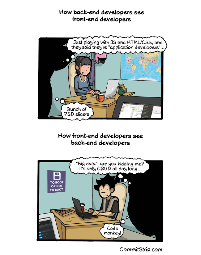 Two-panel CommitStrip comic. Top: 'How back-end developers see front-end developers,' where a back-end dev thinks front-end devs are just playing with JS and HTML/CSS and calls them 'PSD slicers.' Bottom: 'How front-end developers see back-end developers,' where a front-end dev dismisses 'big data' as 'only CRUD all day long' and calls them a 'code monkey.'