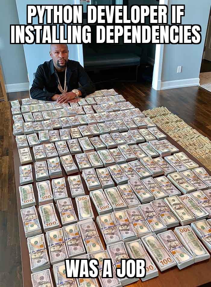 Meme of a man sitting behind a floor covered in stacks of cash, captioned 'Python developer if installing dependencies was a job.'