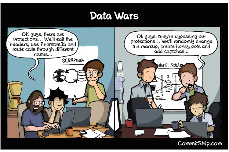 CommitStrip comic titled 'Data Wars': one team of developers plans to scrape a site by editing headers, using PhantomJS, and routing calls through different routes; the opposing team plans to stop them by randomly changing the markup, creating honey pots, and adding captchas.
