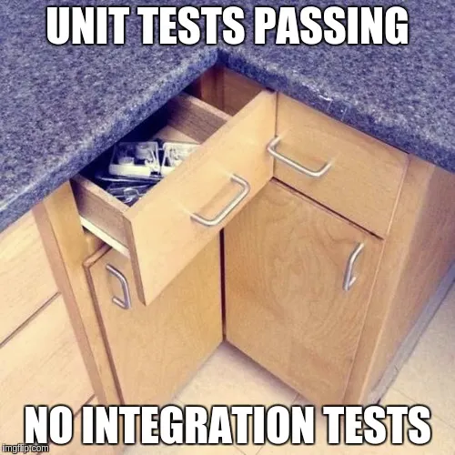 Meme of two kitchen corner drawers jammed into each other because they open into the same space: top text 'unit tests passing', bottom text 'no integration tests'.