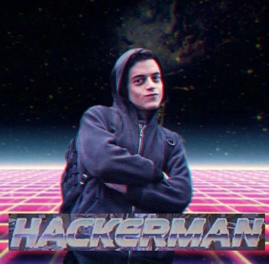 'Hackerman' meme: a hooded figure with arms crossed in front of a neon retro grid, captioned HACKERMAN.