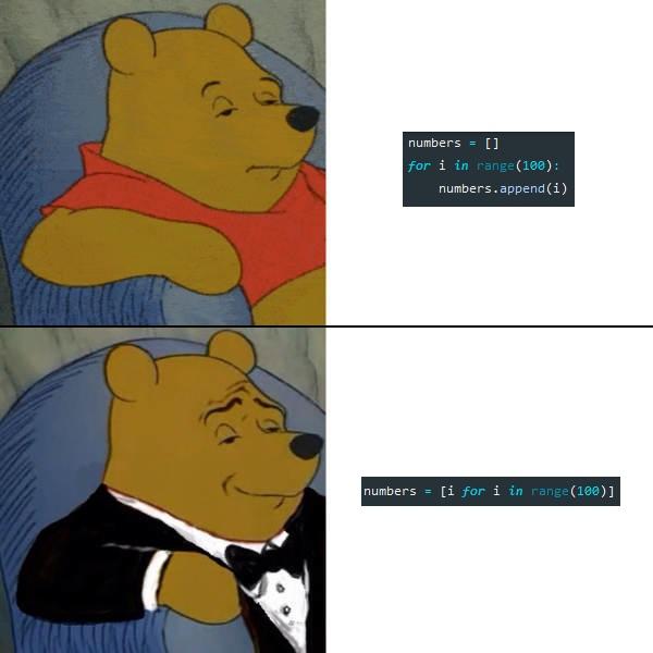 Tuxedo Winnie the Pooh meme, ordinary Pooh beside a three-line accumulator loop that appends to a list, and fancy tuxedo Pooh beside the same result written as a one-line list comprehension.