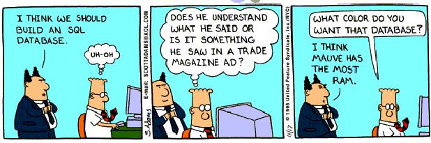 Dilbert comic: the pointy-haired boss says he wants to build an SQL database; when asked what color he wants the database, he answers 'I think mauve has the most RAM.'