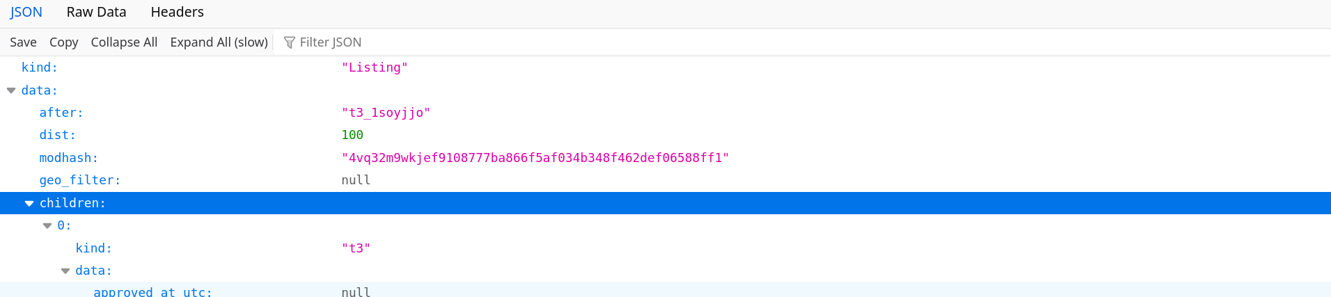Browser JSON viewer showing reddit's API response: a Listing object whose data contains an array of children, each a post with fields like subreddit and title.