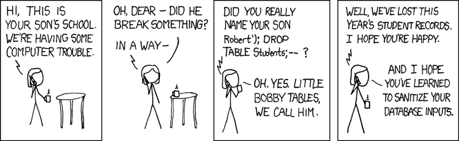 xkcd comic 'Exploits of a Mom': a school calls because a mother named her son Robert'); DROP TABLE Students;-- which deletes the school's student records; the last panel advises sanitizing database inputs.