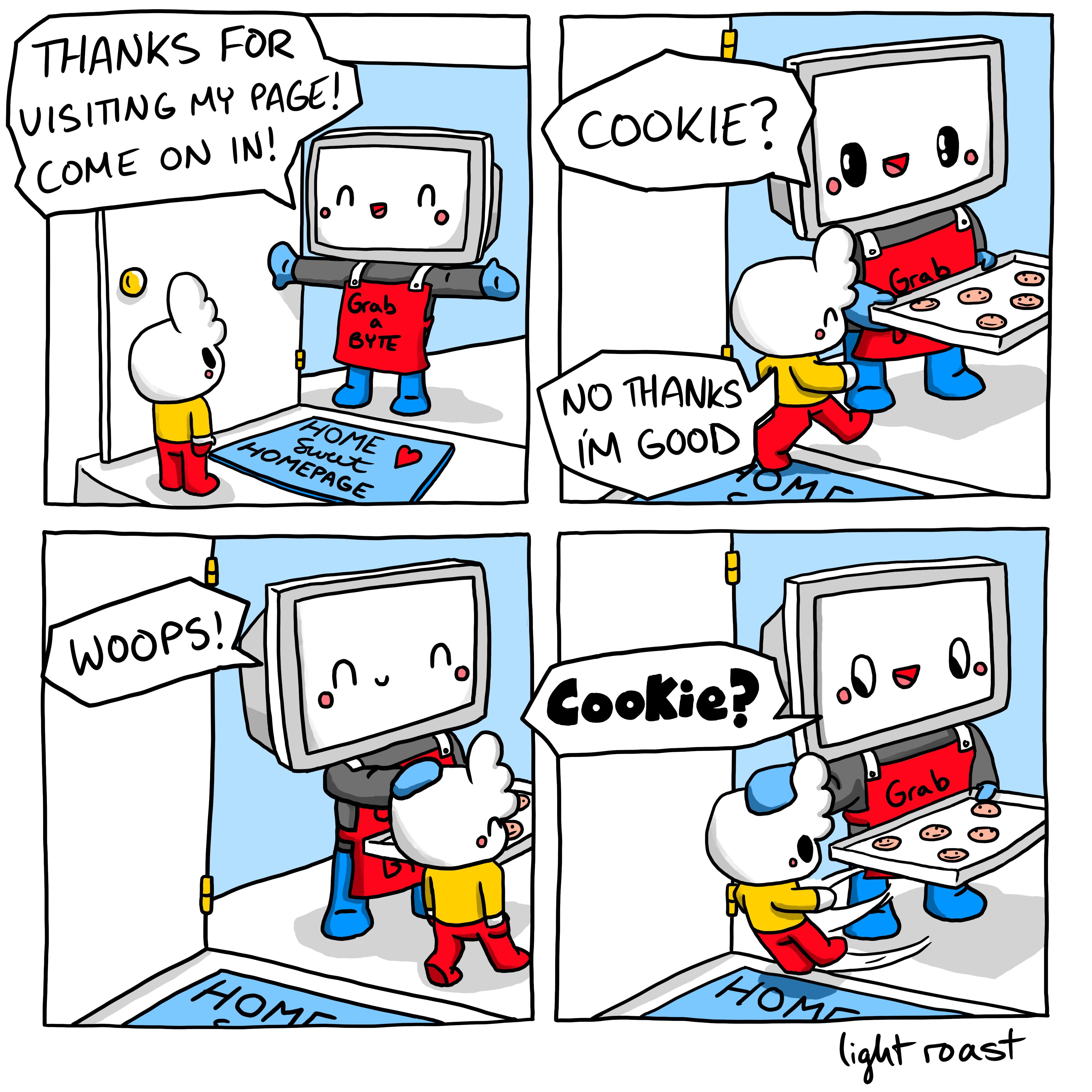 A friendly webcomic: a monitor-headed character in a 'Grab a BYTE' apron greets a visitor on a 'Home Sweet Homepage' doormat and offers them a cookie.